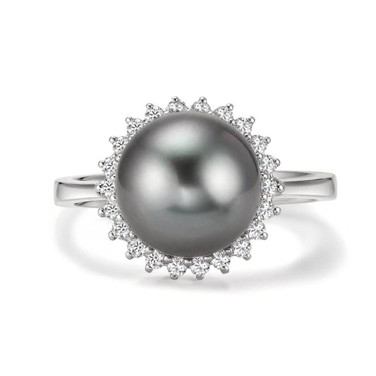 Gyűrű 750/18 K fehér arany Gyémánt 0.27 ct, 22 Kövek, w-si Tahiti gyöngy Szürke, 10 mm