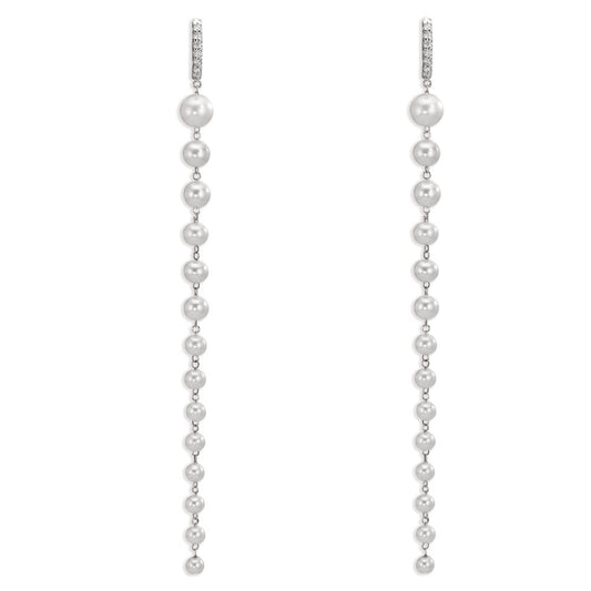 Patentzáras karika fülbevalók 750/18 K fehér arany Gyémánt 0.12 ct, 12 Kövek, tw-si édesvízi tenyésztett gyöngy, 28 Gyöngyök