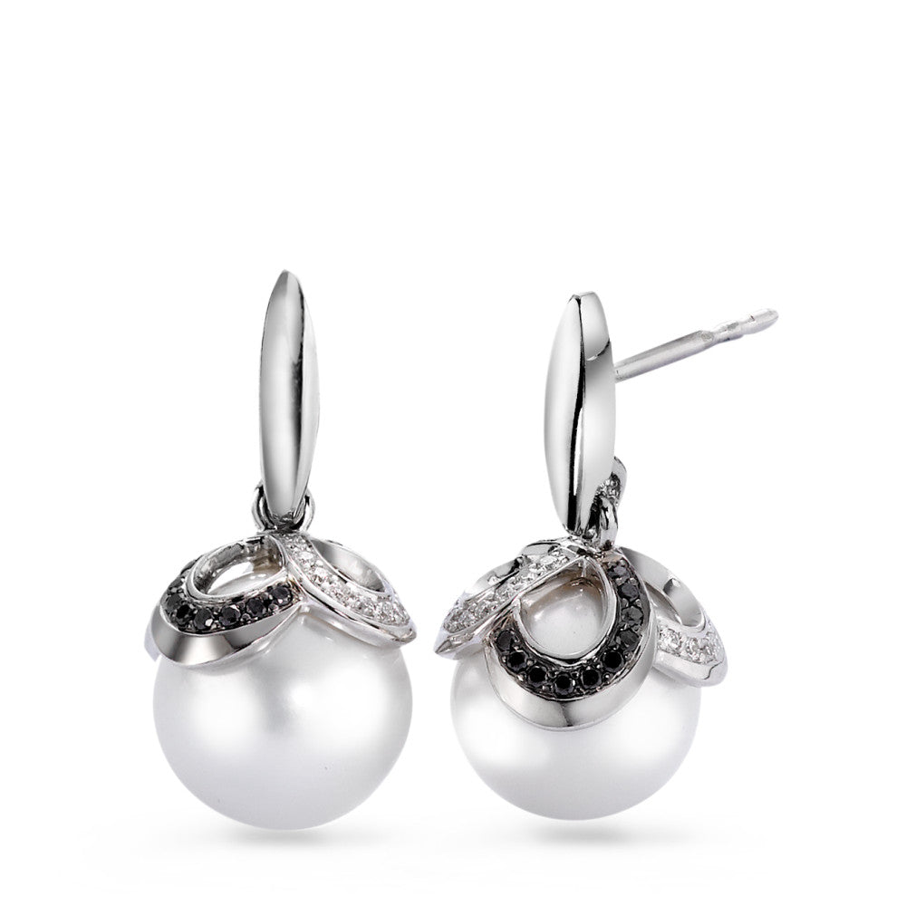 Függő fülbevaló 750/18 K fehér arany Gyémánt Fekete, 0.32 ct, 80 Kövek, Briliáns, tw-vsi édesvízi tenyésztett gyöngy Fehér, 2 Gyöngyök, 10 mm