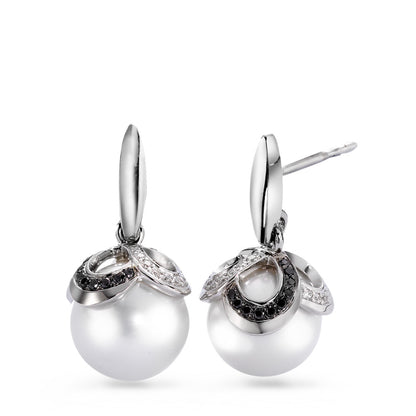 Függő fülbevaló 750/18 K fehér arany Gyémánt Fekete, 0.32 ct, 80 Kövek, Briliáns, tw-vsi édesvízi tenyésztett gyöngy Fehér, 2 Gyöngyök, 10 mm