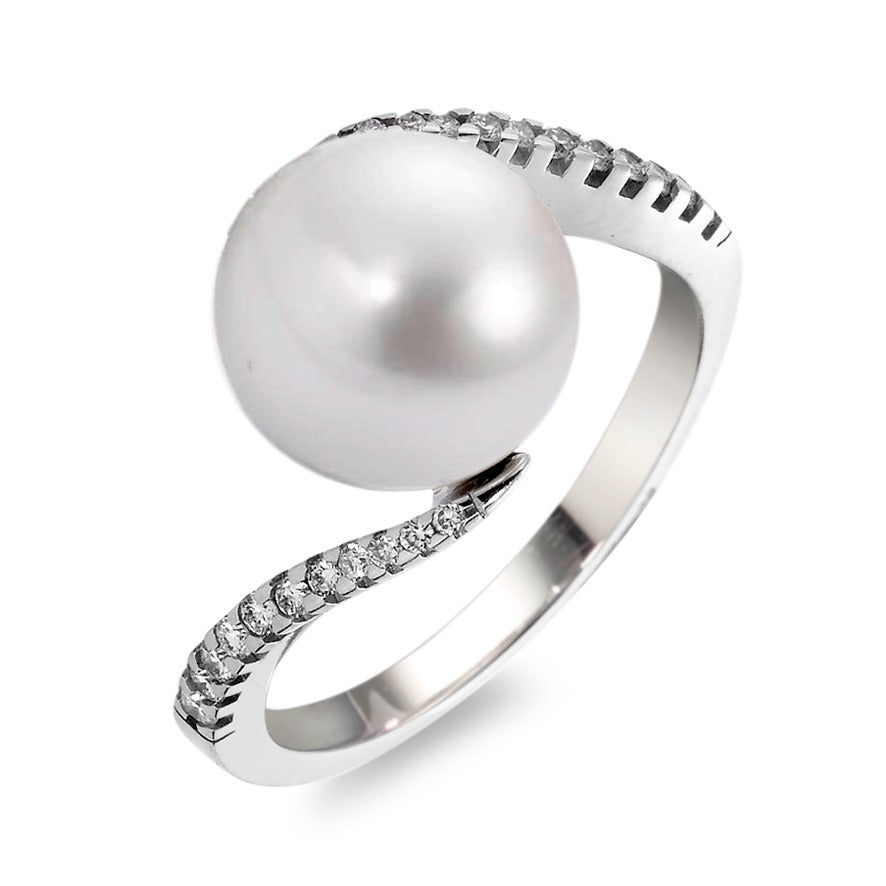 Gyűrű 750/18 K fehér arany Gyémánt Fehér, 0.15 ct, 22 Kövek, Briliáns, w-si édesvízi tenyésztett gyöngy, 22 Gyöngyök, 9.5 mm