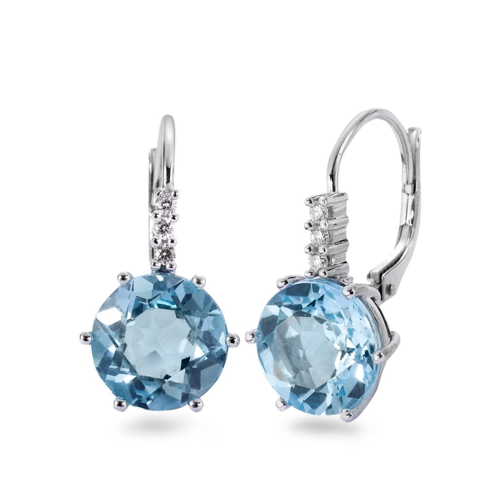 Függő fülbevaló 750/18 K fehér arany Topáz Kék, 2 Kövek, Gyémánt 0.09 ct, 6 Kövek, Briliáns, w-si