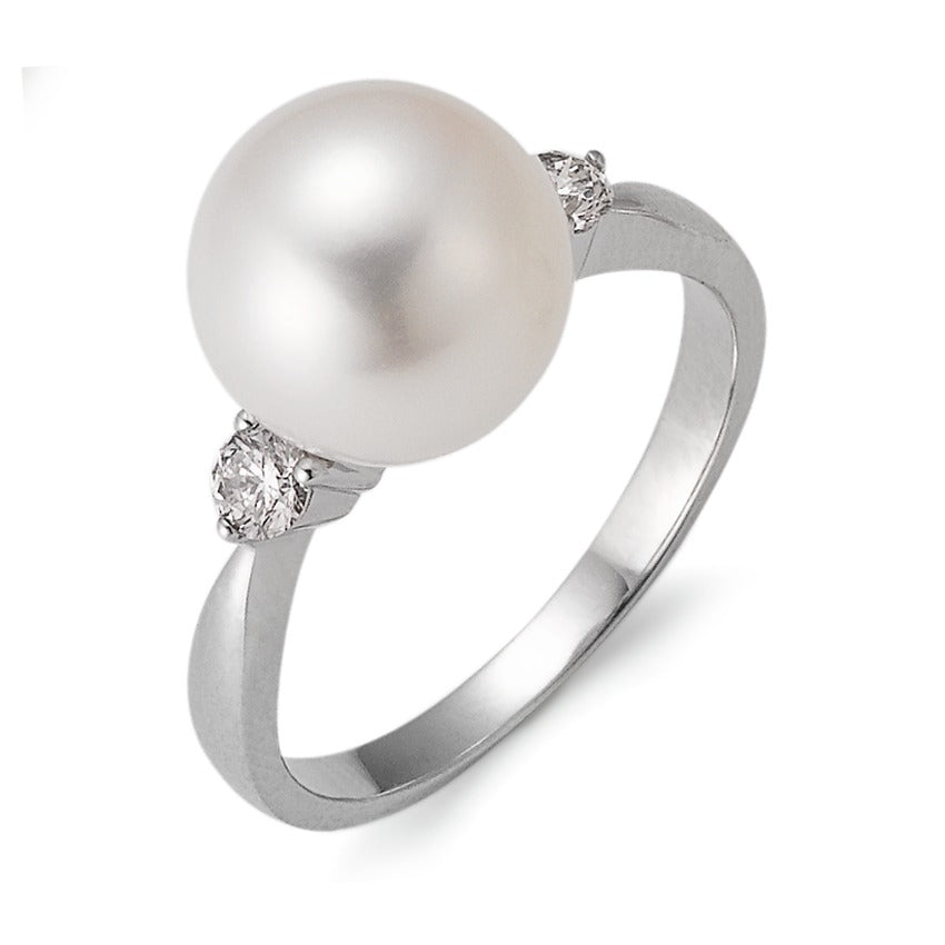 Gyűrű 750/18 K fehér arany Gyémánt 0.24 ct, 2 Kövek, w-si édesvízi tenyésztett gyöngy Fehér, 10 mm