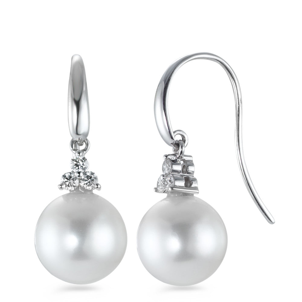 Függő fülbevaló 750/18 K fehér arany Gyémánt 0.20 ct, 6 Kövek, w-si édesvízi tenyésztett gyöngy Fehér, 2 Gyöngyök, 10 mm