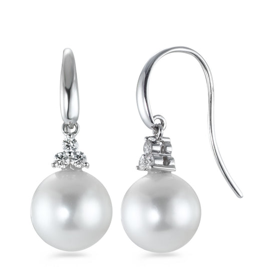 Függő fülbevaló 750/18 K fehér arany Gyémánt 0.20 ct, 6 Kövek, w-si édesvízi tenyésztett gyöngy Fehér, 2 Gyöngyök, 10 mm