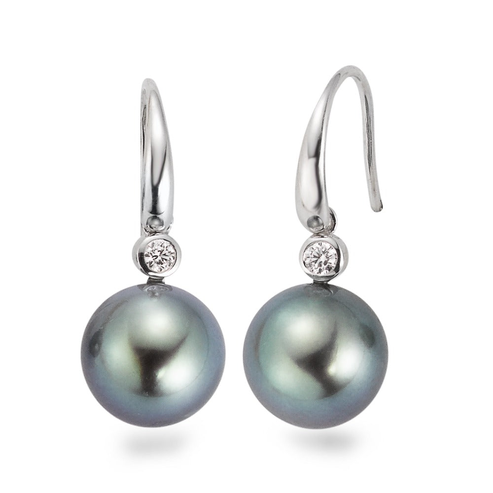 Függő fülbevaló 750/18 K fehér arany Gyémánt 0.09 ct, 2 Kövek, w-si Tahiti gyöngy Szürke, 2 Gyöngyök, 10 mm