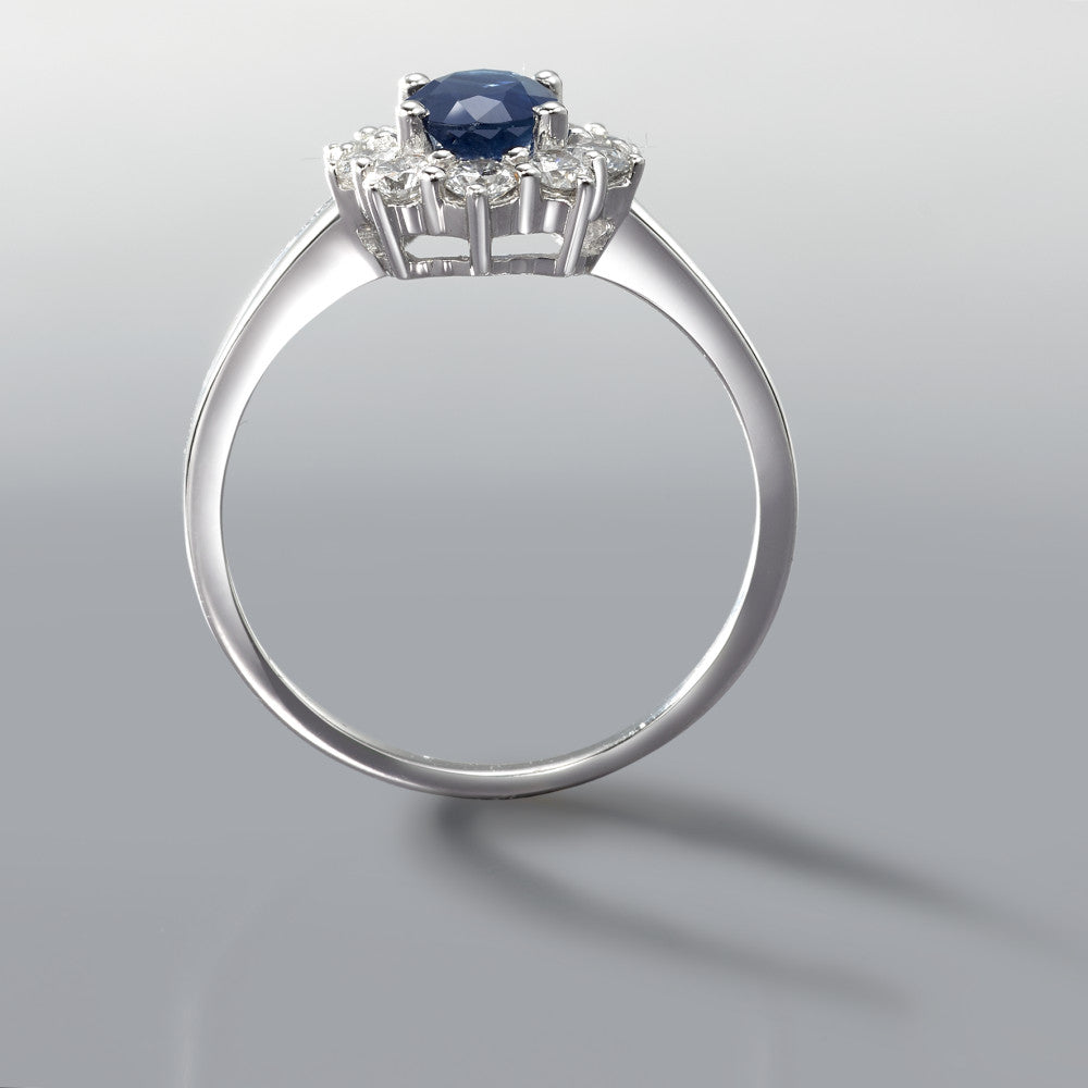 Gyűrű 750/18 K fehér arany Zafír Kék, 0.88 ct, Gyémánt 0.555 ct, 10 Kövek, w-si