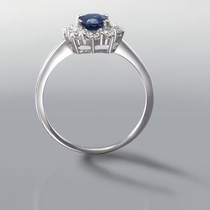 Gyűrű 750/18 K fehér arany Zafír Kék, 0.88 ct, Gyémánt 0.555 ct, 10 Kövek, w-si