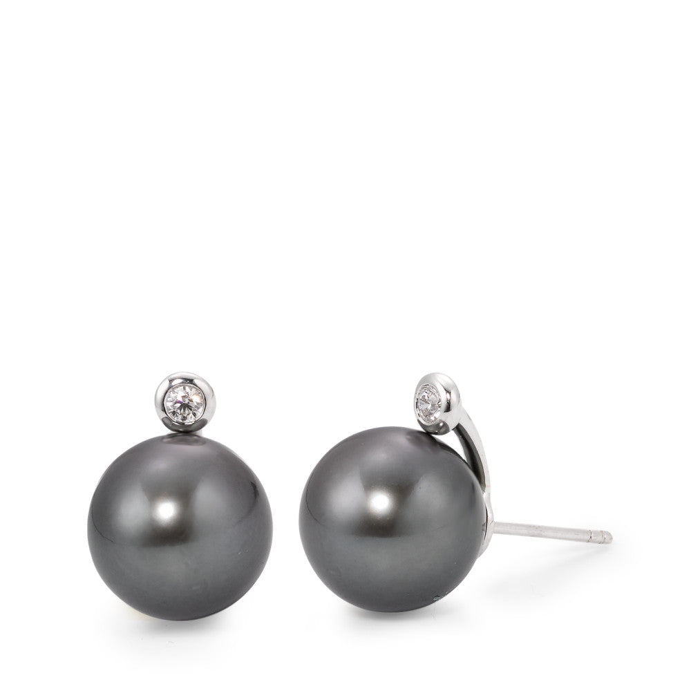 Fülbevaló 750/18 K fehér arany Gyémánt 0.09 ct, 2 Kövek, w-si Tahiti gyöngy Szürke, 2 Gyöngyök, 12 mm