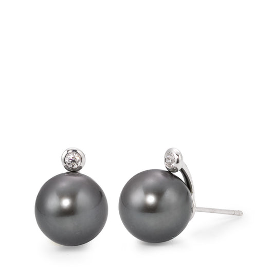Fülbevaló 750/18 K fehér arany Gyémánt 0.09 ct, 2 Kövek, w-si Tahiti gyöngy Szürke, 2 Gyöngyök, 12 mm