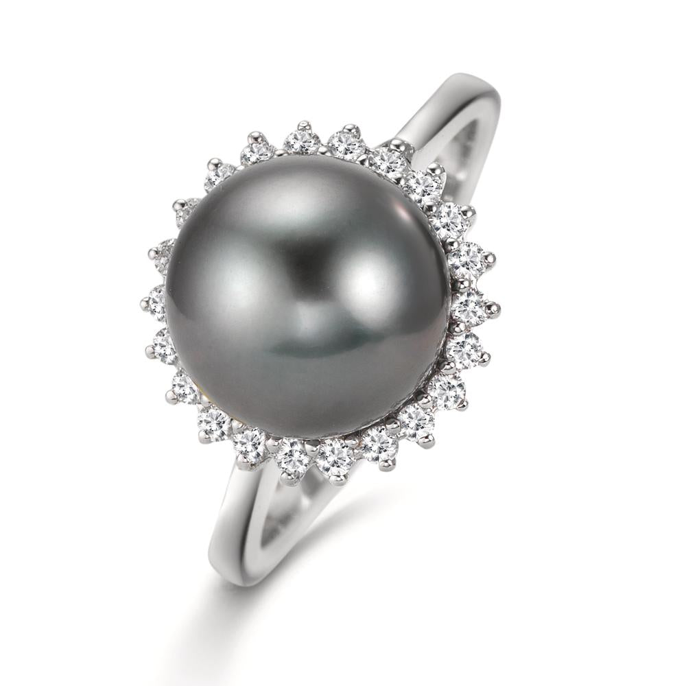 Gyűrű 750/18 K fehér arany Gyémánt 0.27 ct, 22 Kövek, w-si Tahiti gyöngy Szürke, 10 mm