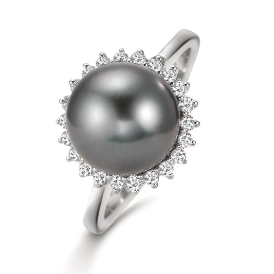 Gyűrű 750/18 K fehér arany Gyémánt 0.27 ct, 22 Kövek, w-si Tahiti gyöngy Szürke, 10 mm