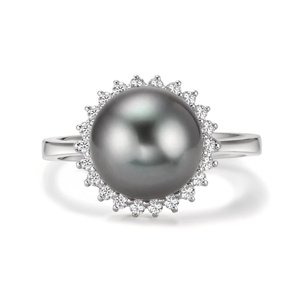 Gyűrű 750/18 K fehér arany Gyémánt 0.27 ct, 22 Kövek, w-si Tahiti gyöngy Szürke, 10 mm