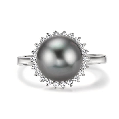 Gyűrű 750/18 K fehér arany Gyémánt 0.27 ct, 22 Kövek, w-si Tahiti gyöngy Szürke, 10 mm