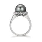 Gyűrű 750/18 K fehér arany Gyémánt 0.27 ct, 22 Kövek, w-si Tahiti gyöngy Szürke, 10 mm