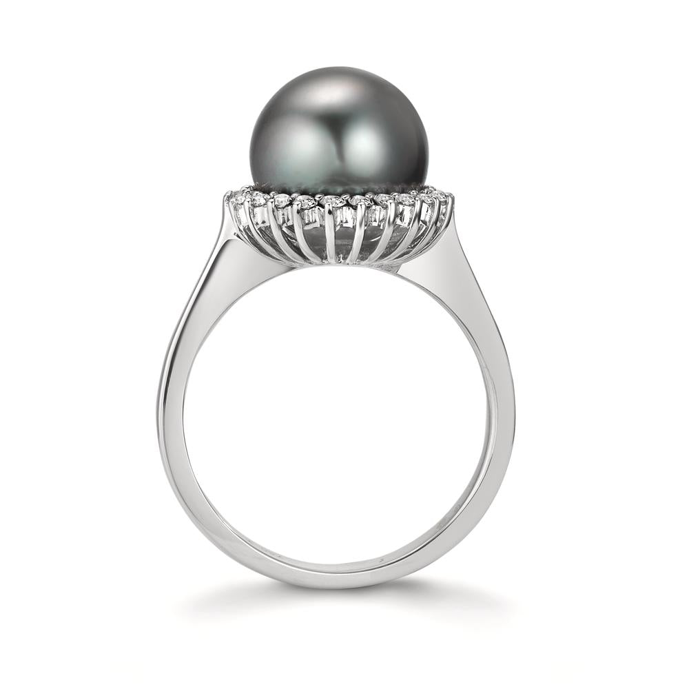 Gyűrű 750/18 K fehér arany Gyémánt 0.27 ct, 22 Kövek, w-si Tahiti gyöngy Szürke, 10 mm