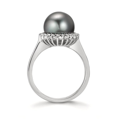 Gyűrű 750/18 K fehér arany Gyémánt 0.27 ct, 22 Kövek, w-si Tahiti gyöngy Szürke, 10 mm
