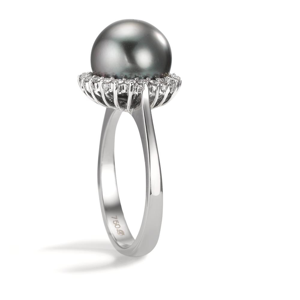 Gyűrű 750/18 K fehér arany Gyémánt 0.27 ct, 22 Kövek, w-si Tahiti gyöngy Szürke, 10 mm