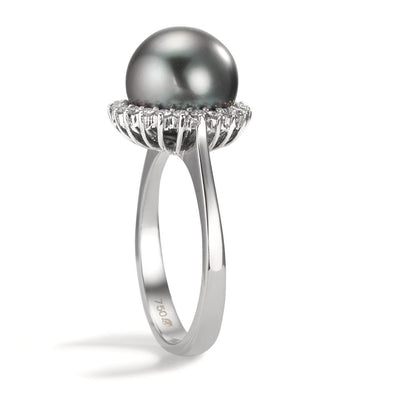 Gyűrű 750/18 K fehér arany Gyémánt 0.27 ct, 22 Kövek, w-si Tahiti gyöngy Szürke, 10 mm