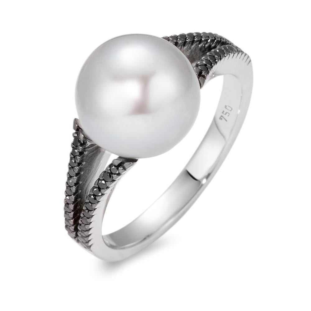 Gyűrű 750/18 K fehér arany Gyémánt Fekete, 0.19 ct, 48 Kövek, Nyolcszög édesvízi tenyésztett gyöngy, 10.5 mm