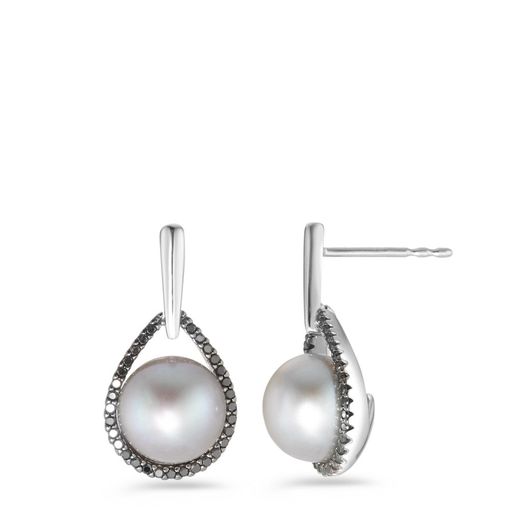 Függő fülbevaló 750/18 K fehér arany Gyémánt Fekete, 0.24 ct, 62 Kövek, Nyolcszög édesvízi tenyésztett gyöngy Fehér, 2 Gyöngyök, 8.5 mm