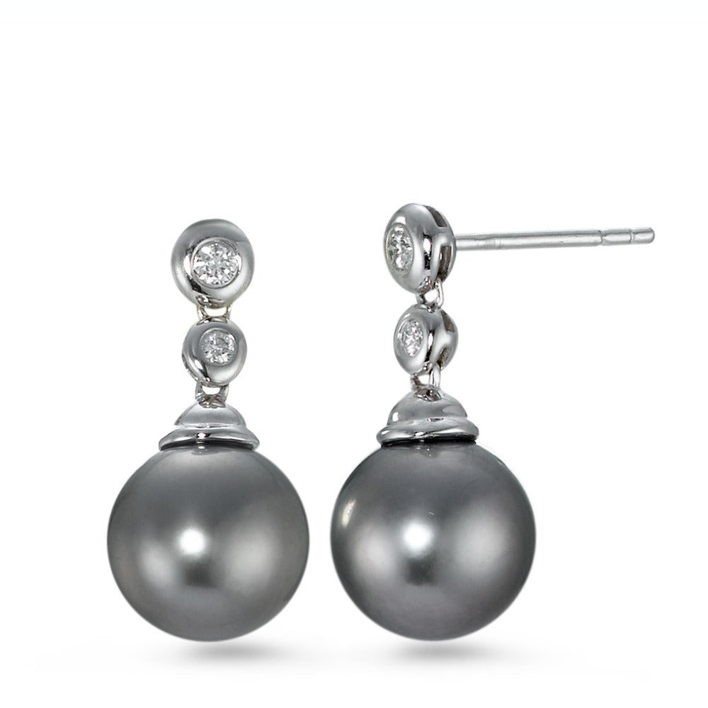 Függő fülbevaló 750/18 K fehér arany Gyémánt 0.09 ct, 4 Kövek, w-si Tahiti gyöngy Szürke, 2 Gyöngyök, 10 mm