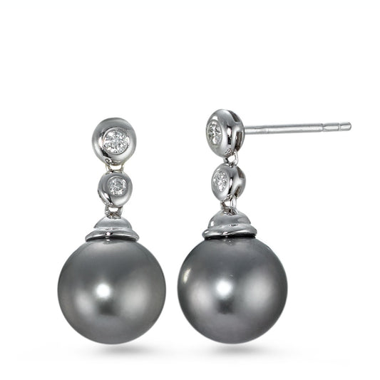 Függő fülbevaló 750/18 K fehér arany Gyémánt 0.09 ct, 4 Kövek, w-si Tahiti gyöngy Szürke, 2 Gyöngyök, 10 mm