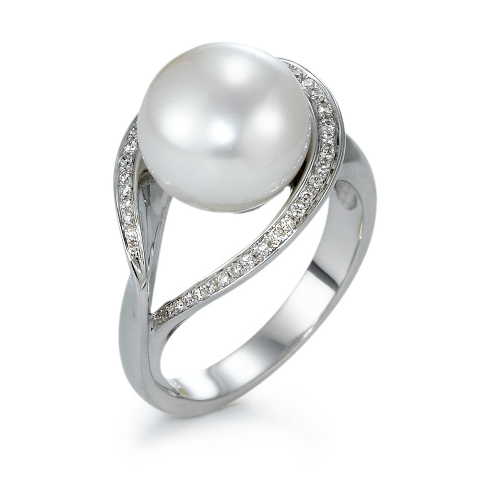 Gyűrű 750/18 K fehér arany Gyémánt 0.13 ct, 40 Kövek, w-si édesvízi tenyésztett gyöngy Fehér, 11 mm