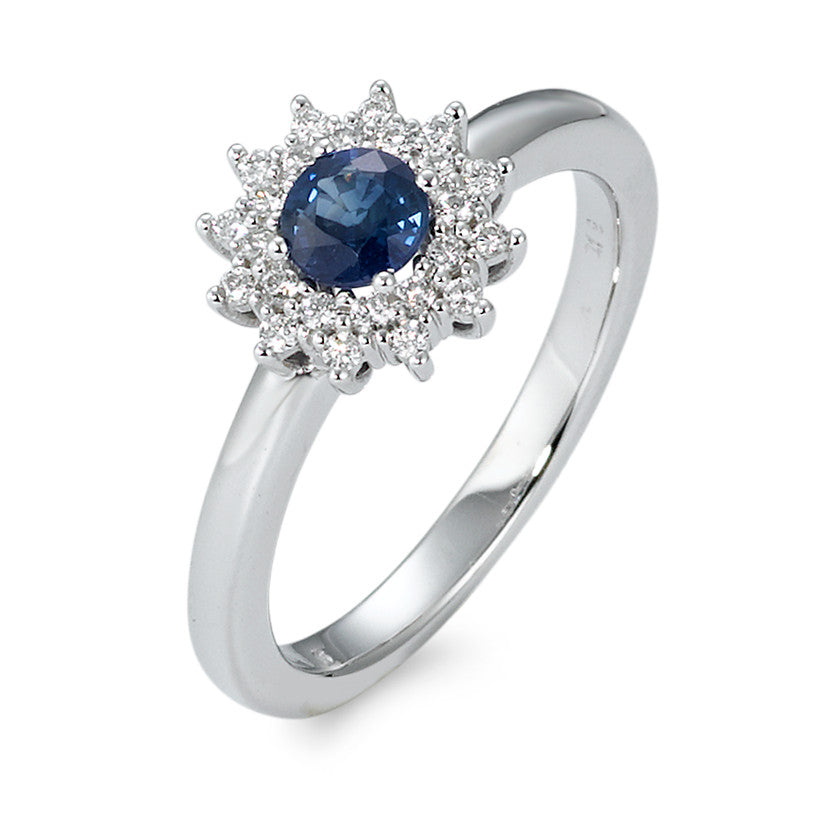 Gyűrű 750/18 K fehér arany Zafír Kék, Gyémánt Fehér, 0.19 ct, 25 Kövek, Briliáns, w-si