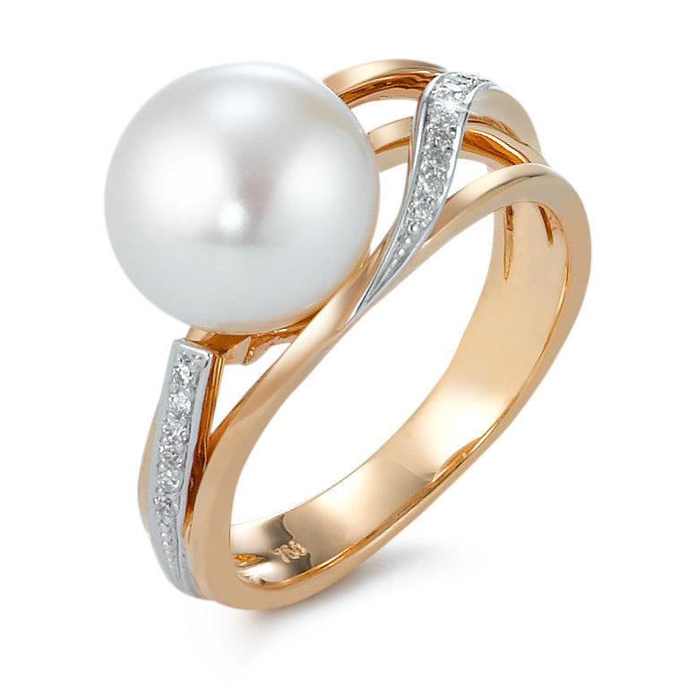 Gyűrű 750/18 K vörös arany Gyémánt 0.08 ct, 16 Kövek, Briliáns, w-si édesvízi tenyésztett gyöngy 9.5-10 mm