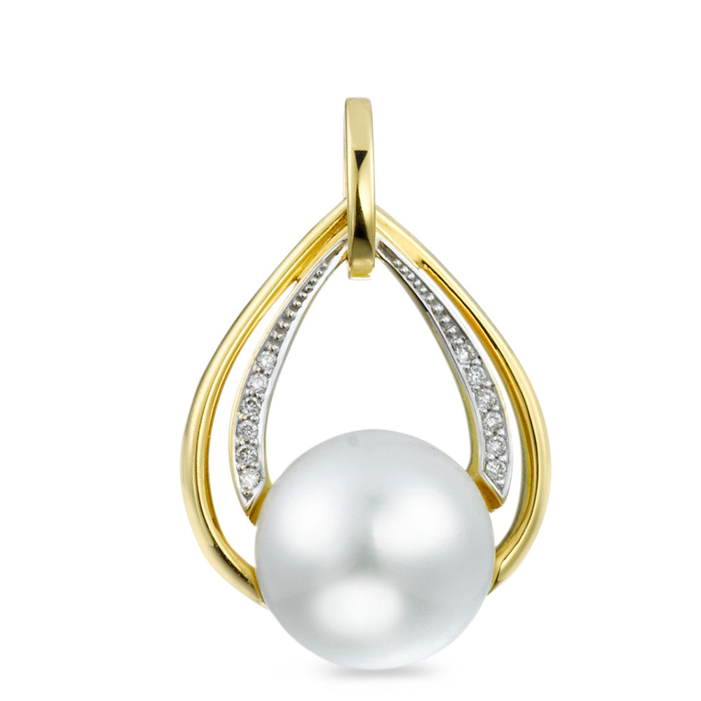 Medál 750/18 K sárga arany Gyémánt 0.05 ct, 12 Kövek, Briliáns, w-si édesvízi tenyésztett gyöngy Fehér, 10.5 mm