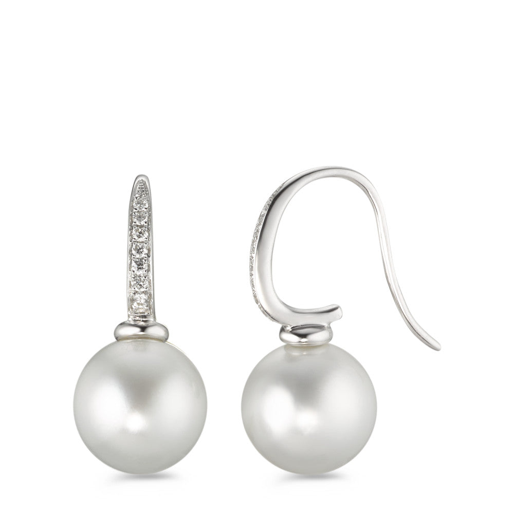 Függő fülbevaló 750/18 K fehér arany Gyémánt 0.14 ct, 14 Kövek, w-si Tahiti gyöngy Fehér, 2 Gyöngyök, 10 mm