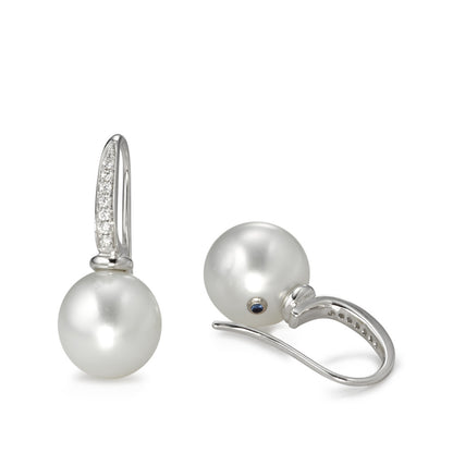 Függő fülbevaló 750/18 K fehér arany Gyémánt 0.14 ct, 14 Kövek, w-si Tahiti gyöngy Fehér, 2 Gyöngyök, 10 mm