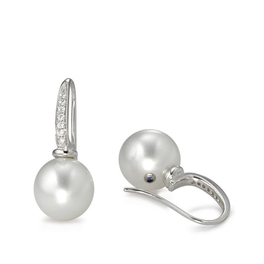 Függő fülbevaló 750/18 K fehér arany Gyémánt 0.14 ct, 14 Kövek, w-si Tahiti gyöngy Fehér, 2 Gyöngyök, 10 mm