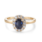 Gyűrű 750/18 K sárga arany Zafír 0.94 ct, Gyémánt 0.40 ct, 12 Kövek, Briliáns, w-si