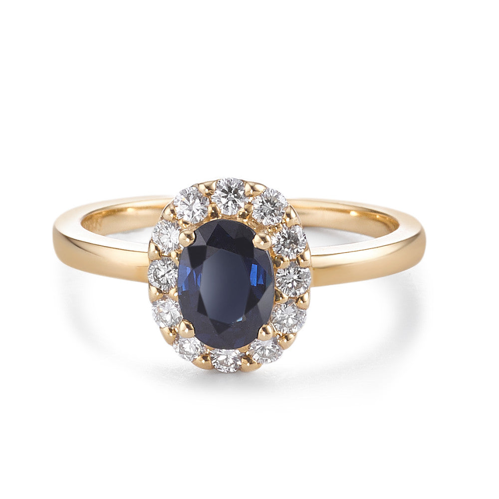 Gyűrű 750/18 K sárga arany Zafír 0.94 ct, Gyémánt 0.40 ct, 12 Kövek, Briliáns, w-si