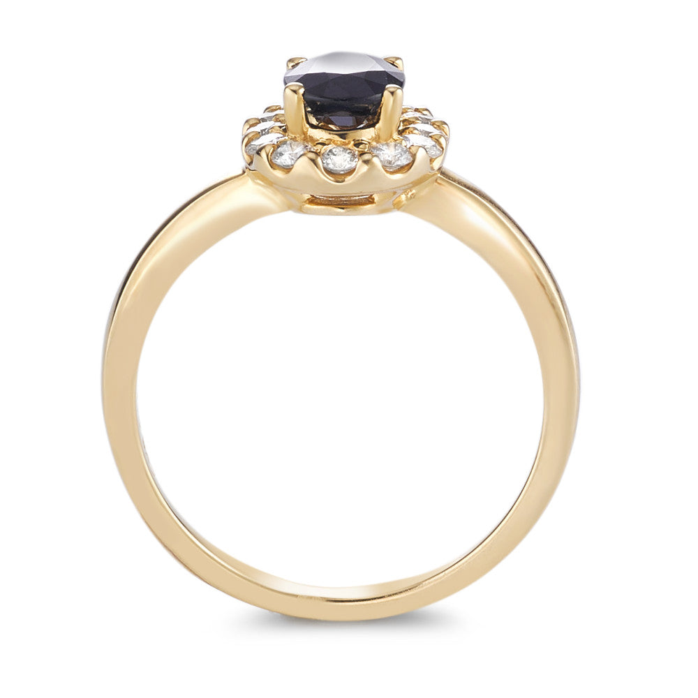 Gyűrű 750/18 K sárga arany Zafír 0.94 ct, Gyémánt 0.40 ct, 12 Kövek, Briliáns, w-si