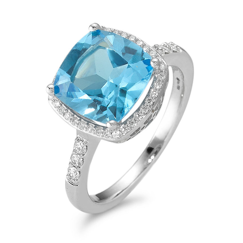 Gyűrű 750/18 K fehér arany Topáz Világoskék, Gyémánt Fehér, 0.20 ct, 42 Kövek, w-pi3 Ø11 mm