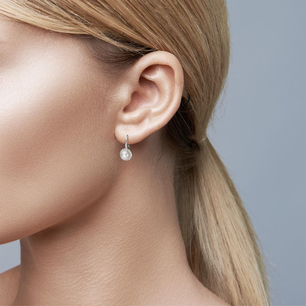 Függő fülbevaló 750/18 K fehér arany Gyémánt 0.36 ct, w-si édesvízi tenyésztett gyöngy Fehér, 8 mm