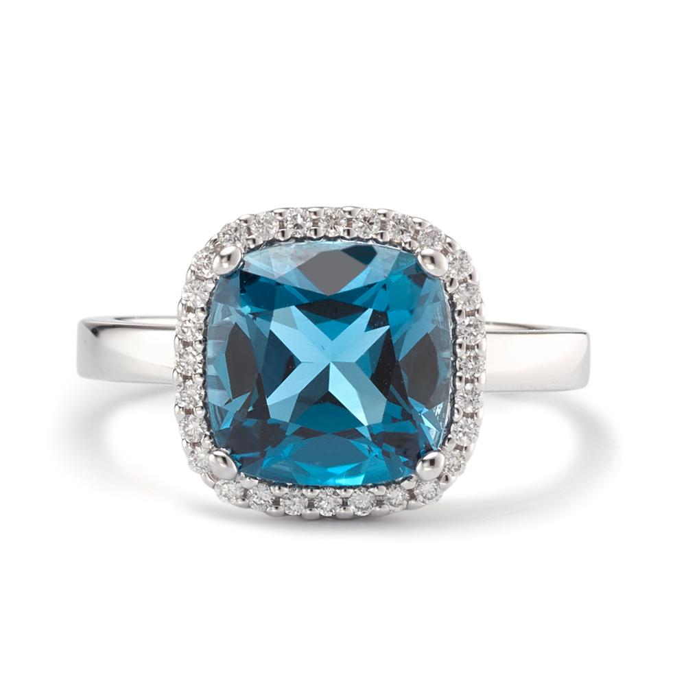 Gyűrű 750/18 K fehér arany London kék topáz, Gyémánt 0.14 ct, 28 Kövek, Briliáns, w-si