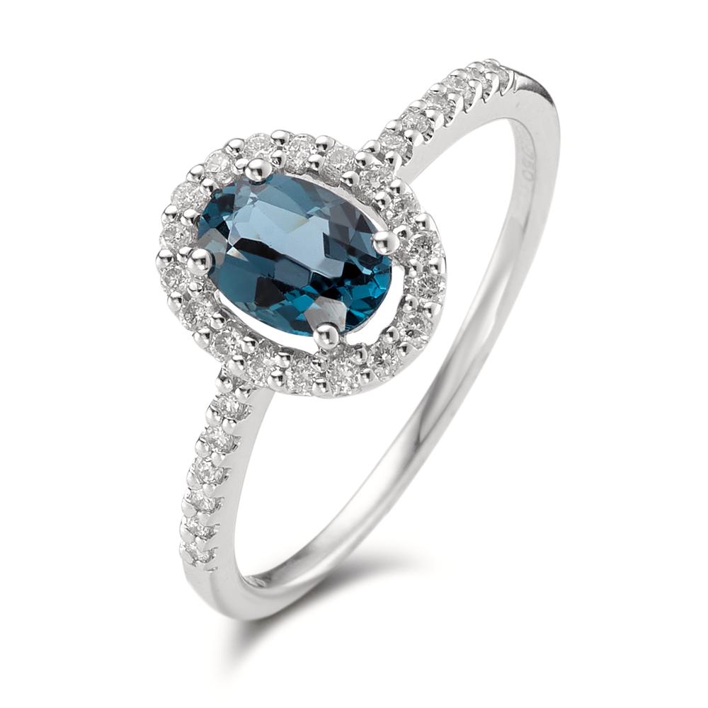 Gyűrű 750/18 K fehér arany London kék topáz ovális, Gyémánt Fehér, 0.19 ct, w-si