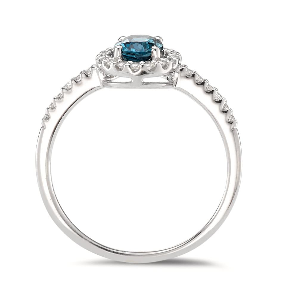 Gyűrű 750/18 K fehér arany London kék topáz ovális, Gyémánt Fehér, 0.19 ct, w-si
