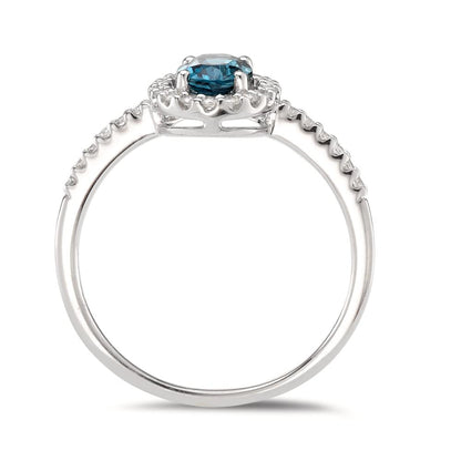 Gyűrű 750/18 K fehér arany London kék topáz ovális, Gyémánt Fehér, 0.19 ct, w-si