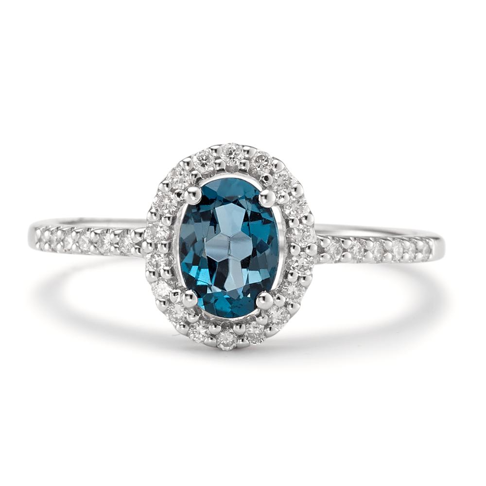 Gyűrű 750/18 K fehér arany London kék topáz ovális, Gyémánt Fehér, 0.19 ct, w-si