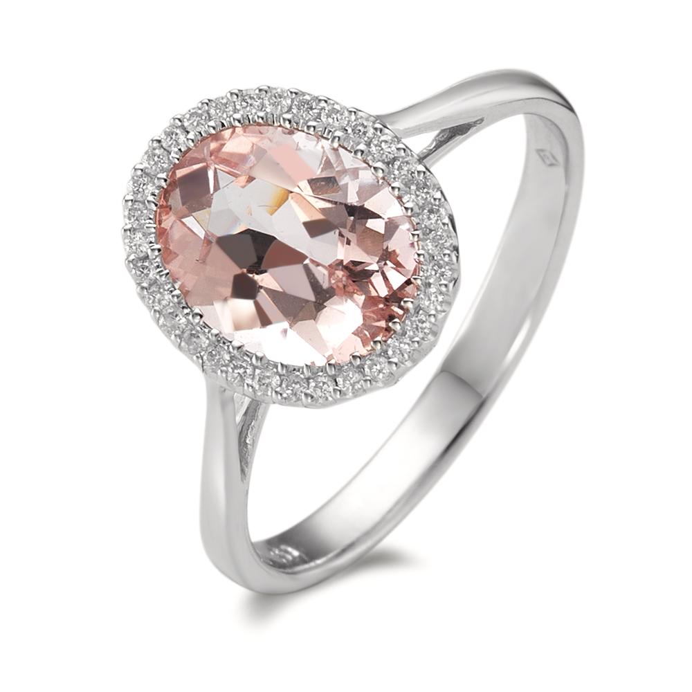 Gyűrű 750/18 K fehér arany Morganit 1.45 ct, Gyémánt 0.09 ct, 32 Kövek, Briliáns, w-si