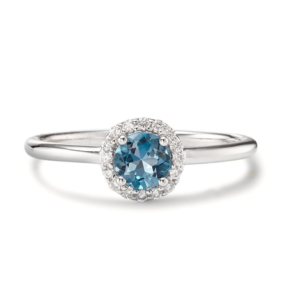 Gyűrű 750/18 K fehér arany London kék topáz, Gyémánt 0.11 ct, 16 Kövek, Briliáns, w-si