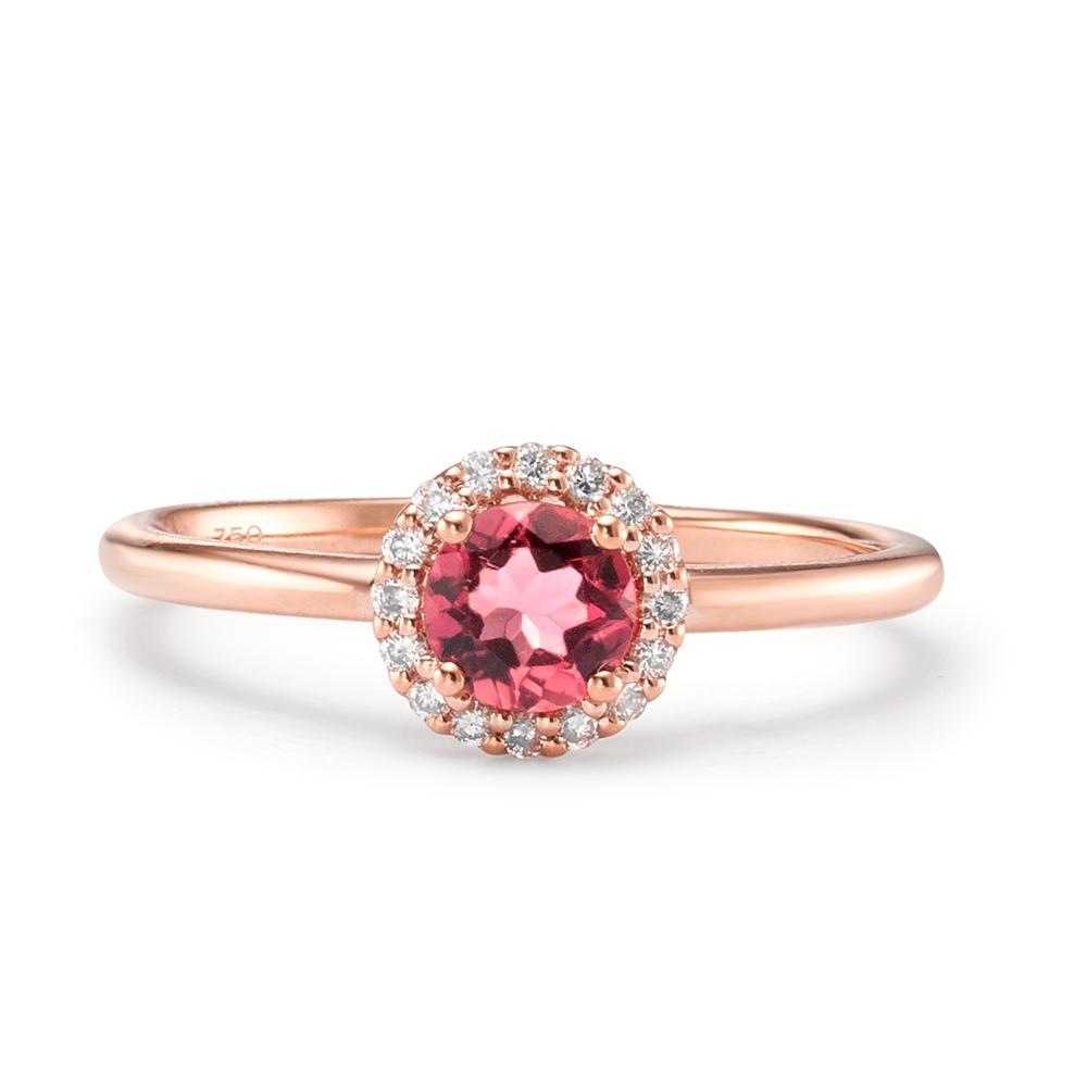 Gyűrű 750/18 K vörös arany Turmalin, Gyémánt 0.11 ct, 16 Kövek, Briliáns, w-si