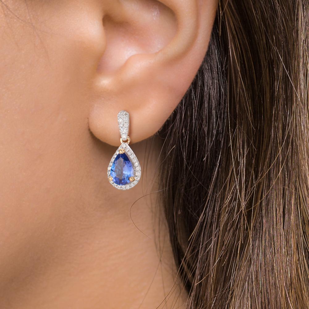 Függő fülbevaló 750/18 K sárga arany Tanzanit 1.16 ct, 2 Kövek, Gyémánt 0.21 ct, w-si