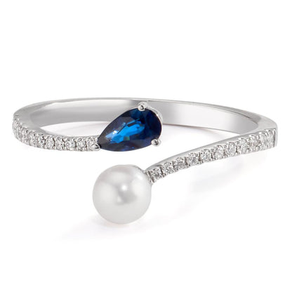 Gyűrű 750/18 K fehér arany Gyémánt 0.105 ct, w-si, Zafír [Akoya Perlen] 3.5-4 mm