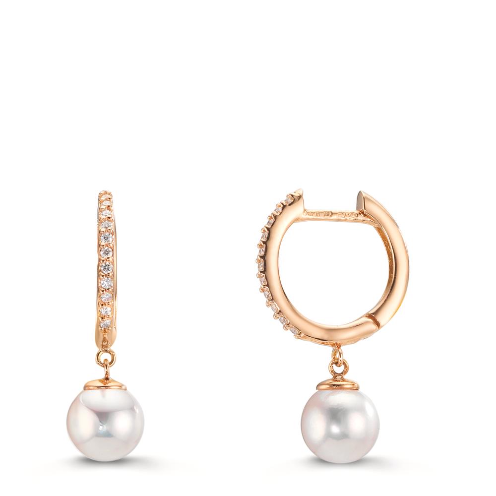 Patentzáras karika fülbevalók 750/18 K vörös arany Gyémánt 0.09 ct, 22 Kövek, tw-si [Akoya Perlen], 2 Gyöngyök 6-6.5 mm